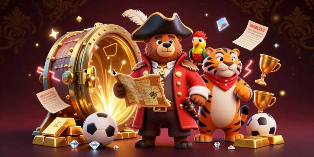 Experience kết quả bóng đá hôm nay with thrilling sports betting action featuring a pirate bear and tiger in a treasure-filled environment.