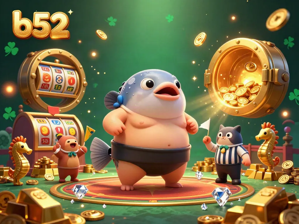 Experience thrilling gaming at b52 with lively underwater scenes featuring a blowfish sumo wrestler and vibrant casino elements.