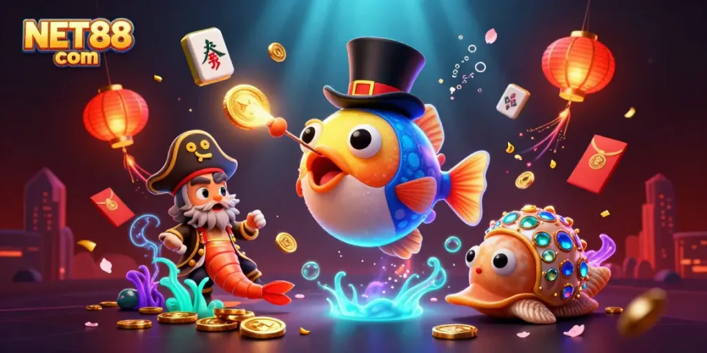 Experience thrilling wins with NET88 com in a vibrant underwater casino adventure illustration.