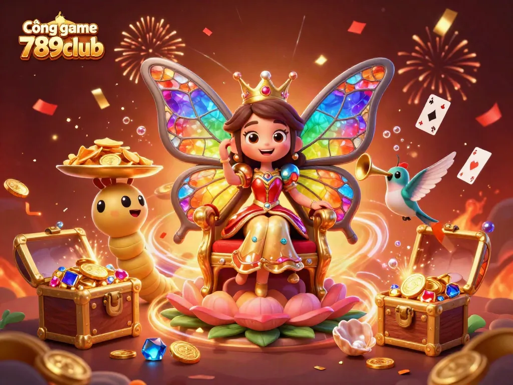 Experience the excitement of Cổng game 789club with a vibrant scene featuring a butterfly queen and dynamic gaming elements.