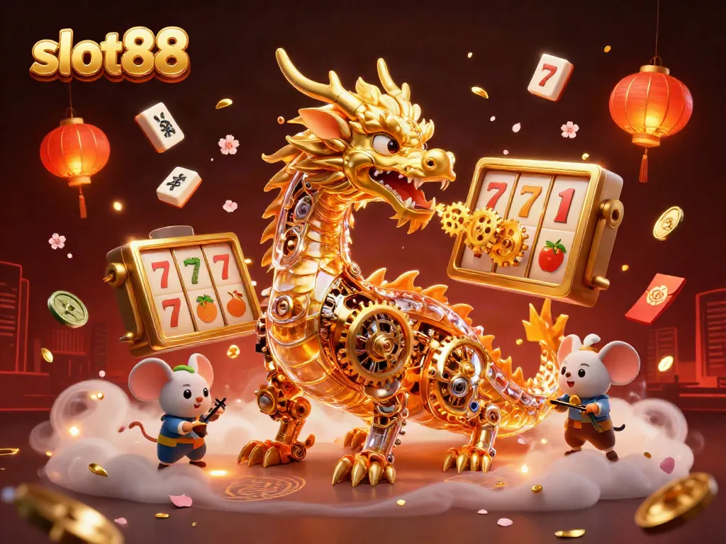Spin and win at slot88 with a golden dragon amidst dazzling casino elements and jackpot action.
