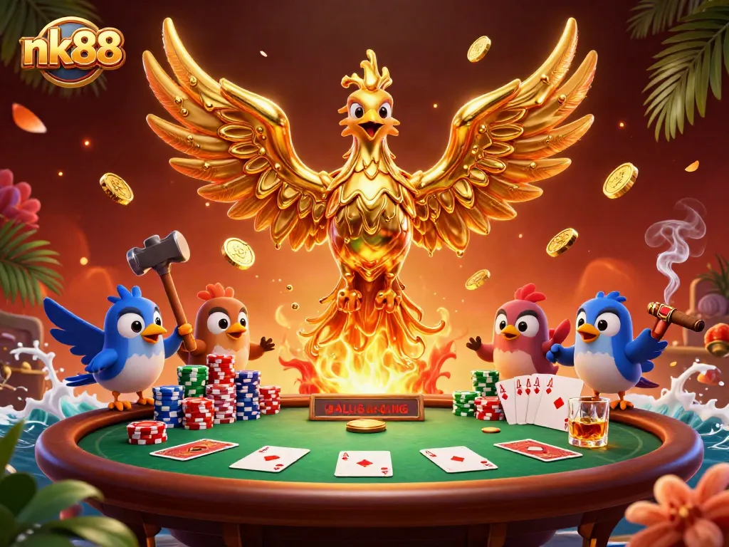 Play thrilling poker with nk88 in a vibrant casino scene filled with gold and excitement.