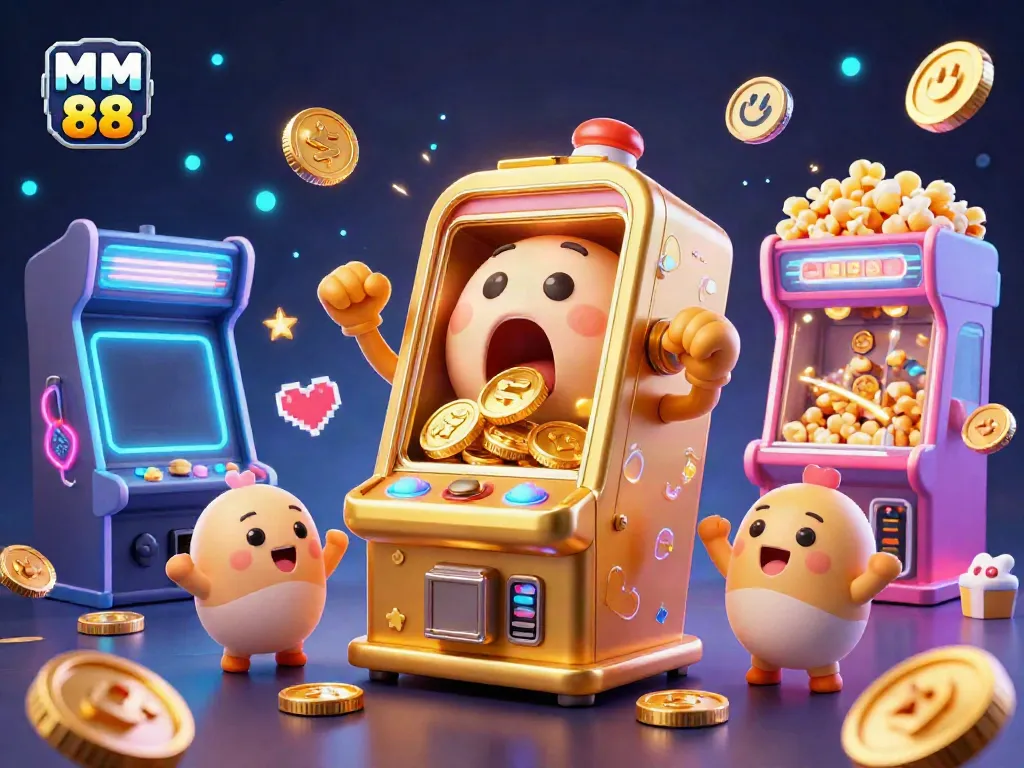 Experience the excitement of MM 88 as the golden slot machine hits a jackpot, surrounded by cheering mini slots and vibrant game elements.