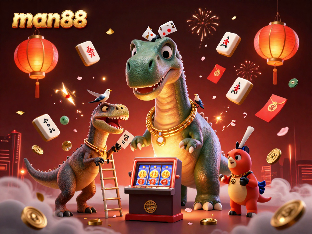 Join the excitement of man88 as a giant brontosaurus oversees a vibrant casino scene filled with unique characters.