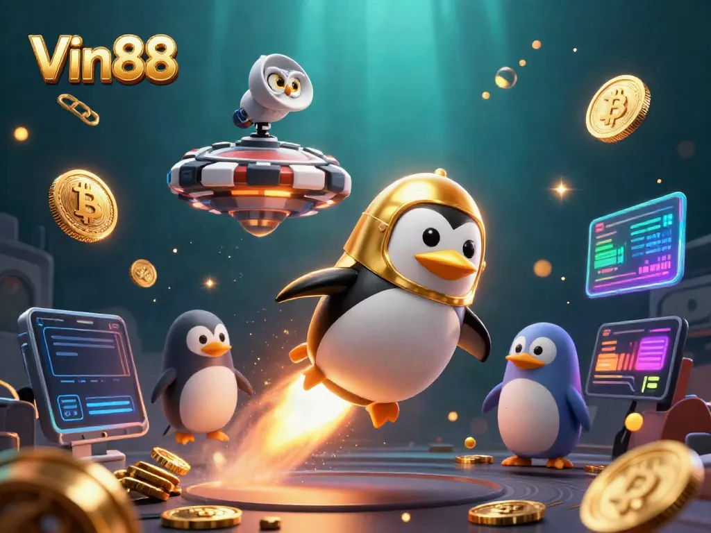 Engage in exhilarating gameplay at Vin88 with vibrant illustrations of a penguin and crypto elements in a captivating casino scene.