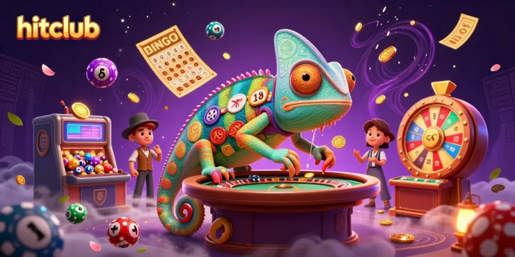 Experience the vibrant world of the hitclub casino with dynamic characters, colorful lottery balls, and gold coins.