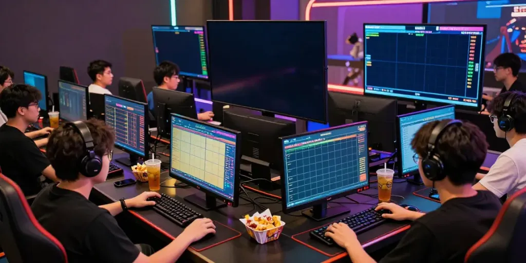 Engaged players enjoying Bandar Togel in a vibrant online gaming setup with monitors and snacks.