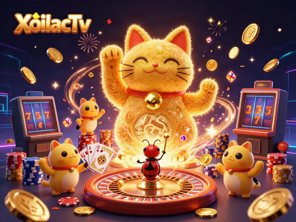 Experience the thrilling casino atmosphere with XoilacTv's vibrant lucky cat and golden elements.