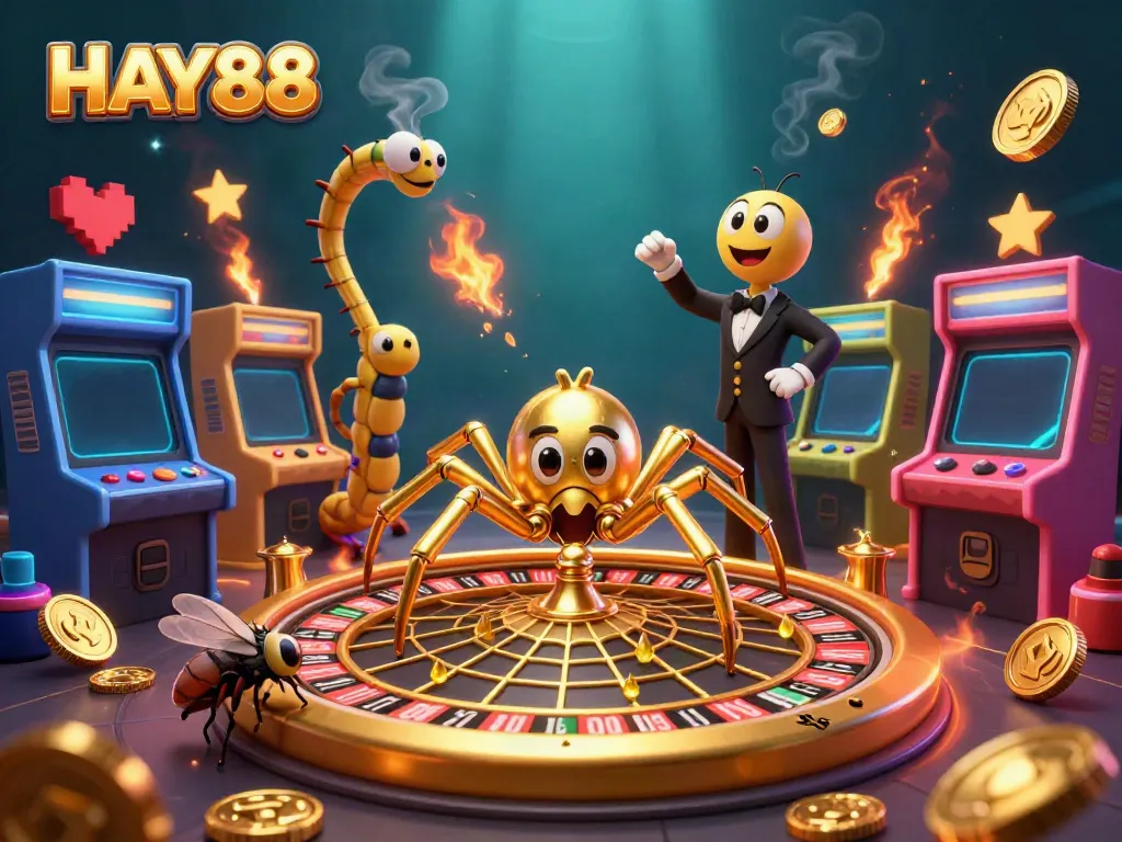 Engage with HAY88's vibrant casino atmosphere as a fly nervously places bets at a roulette wheel web, overseen by a centipede croupier.