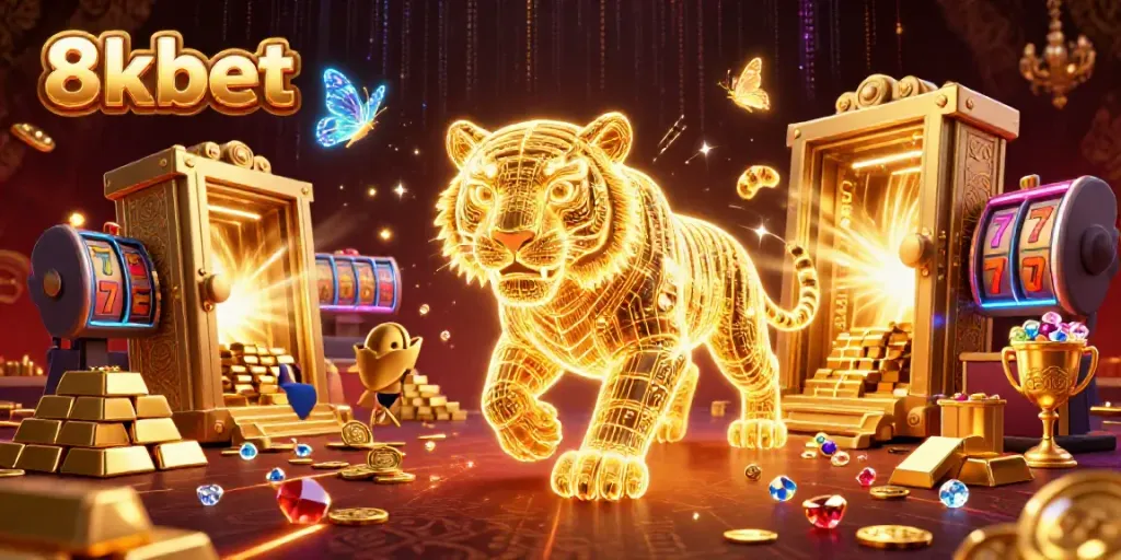 Experience the vibrant energy of 8xbet in a dynamic digital casino landscape with a golden tiger.