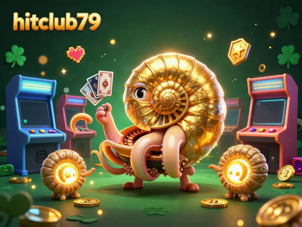 Experience the vibrant gaming world at hitclub79, featuring a dynamic 3D casino scene with a nautilus-themed roulette wheel and glowing arcade machines.
