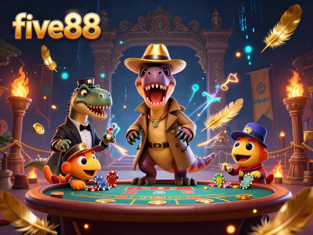 Experience the excitement of five88 with a vibrant 3D casino scene featuring dynamic characters and gaming elements.