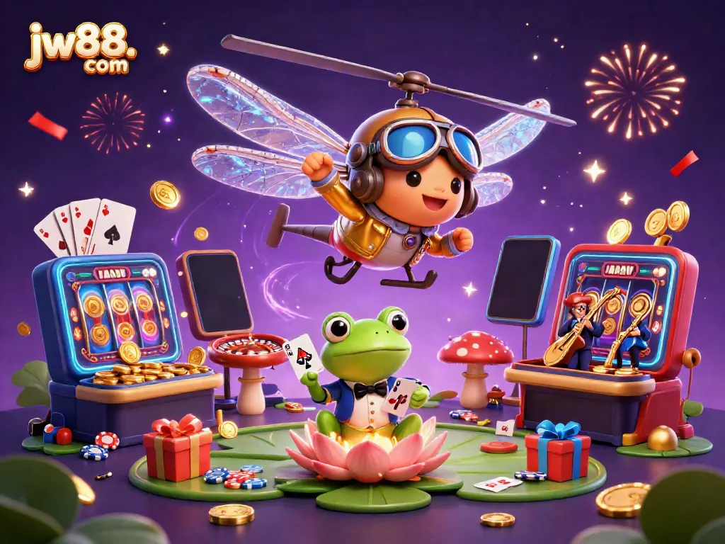 Experience the excitement of jw88. com in this vibrant casino scene with dragonflies and frogs!