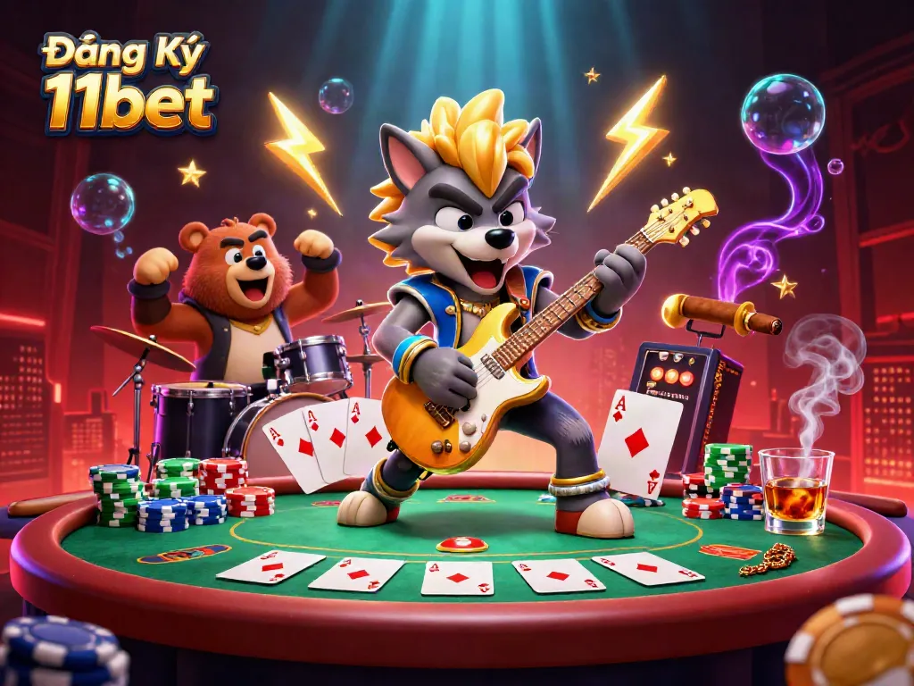 Engage in Đăng Ký 11bet with a vibrant 3D scene featuring a rock star wolf and poker elements.