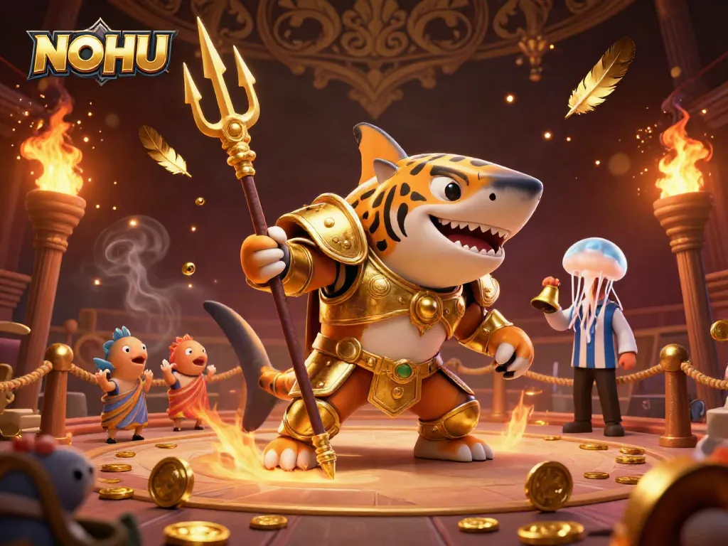 Engage in thrilling gaming action with NOHU, featuring a fierce shark and bright jackpot elements.