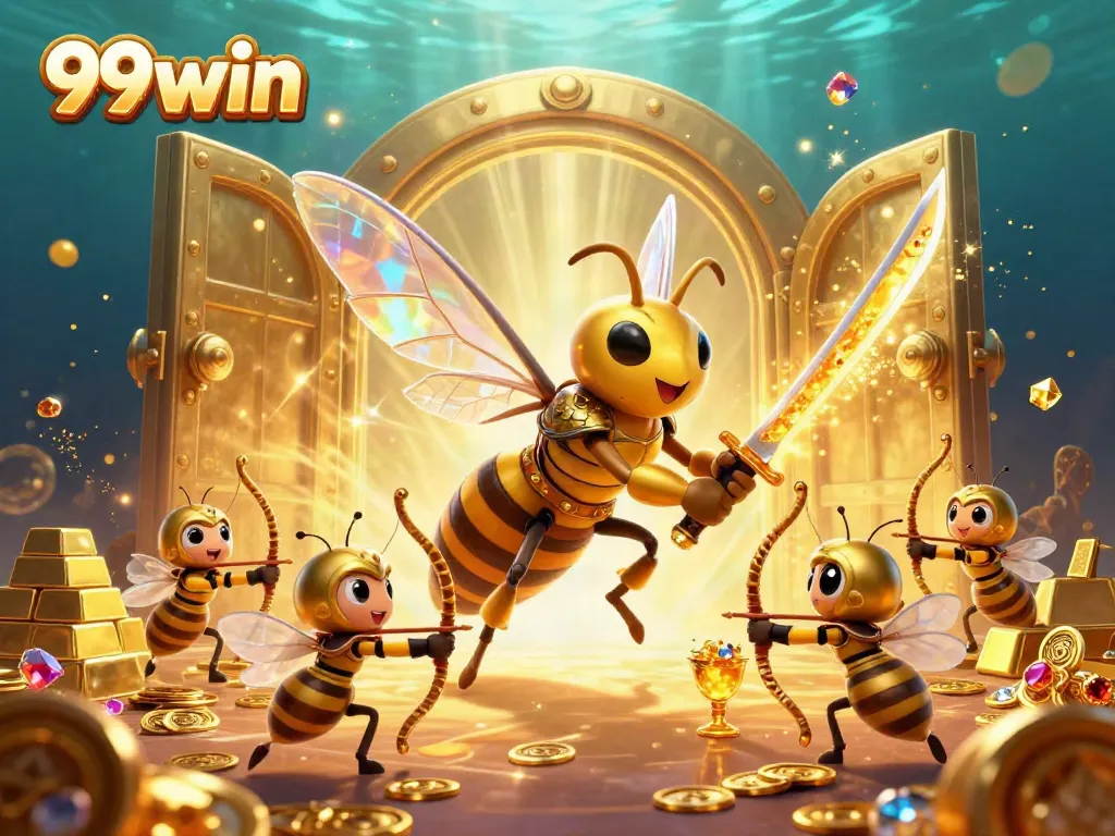 Experience the thrilling magic of 99win with a vivid 3D illustration showcasing vibrant characters and treasures of gameplay.