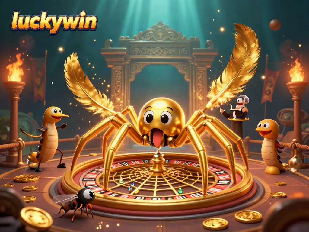 Engage with luckywin's dynamic casino experience featuring a golden spider at a roulette wheel.