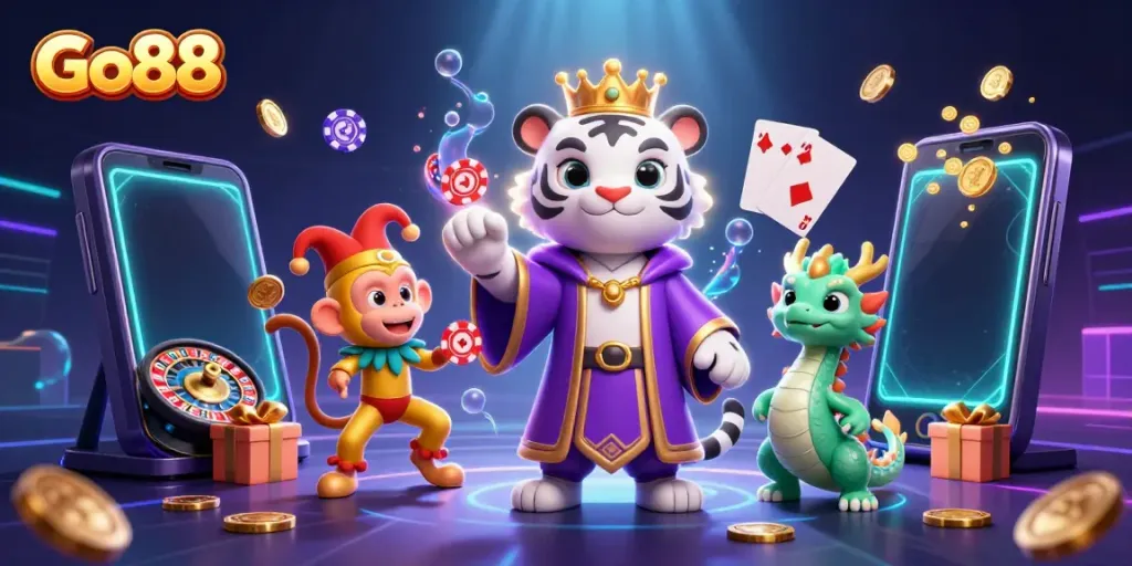 Engage in thrilling gameplay at Go88 with tigers, mock battles, and vibrant casino elements.