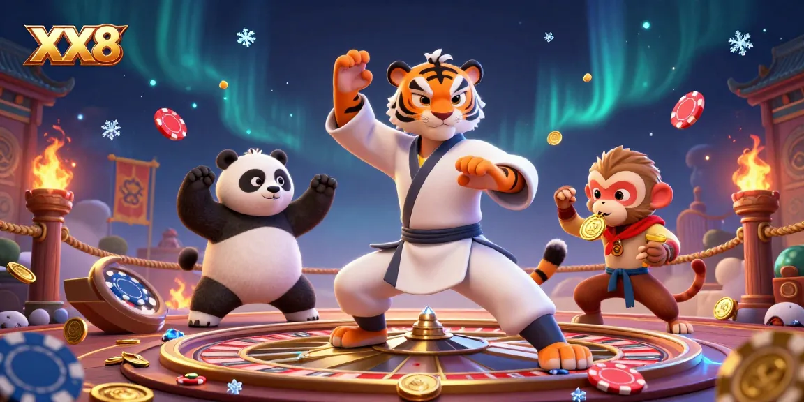 Engage with the XX8 vibrant casino battle scene featuring a kung fu tiger and poker elements.