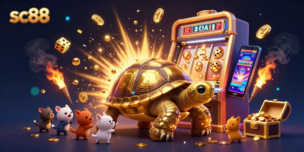 Engage with thrilling sc88 gaming experiences at a vibrant casino scene featuring golden tortoises and jackpots.