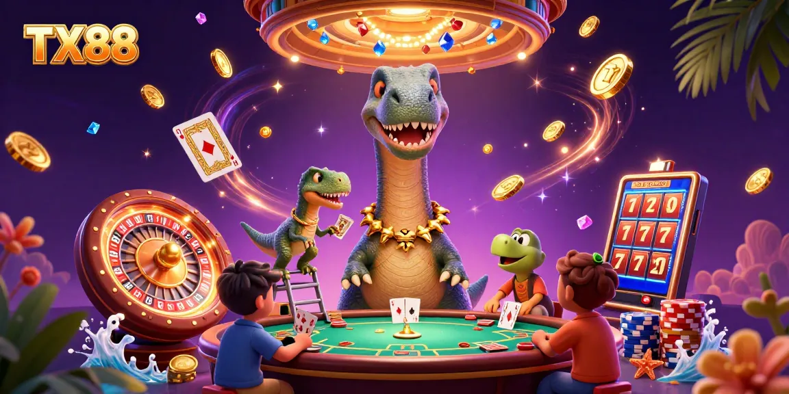 Engage in TX88 excitement with cartoon dinosaurs dealing cards and vibrant casino elements