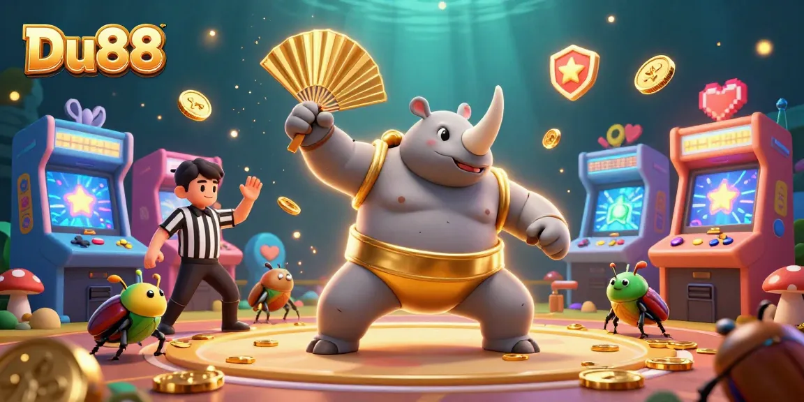 Experience thrilling wins with Du88 as a champion beetle stomps gold coins in a vibrant arcade scene.