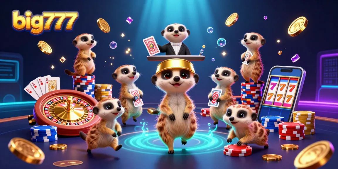 Big777 offers an exciting casino experience with colorful poker chips and glittering slot machine elements in a dynamic scene.