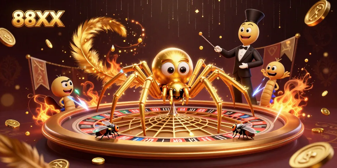 Engage in gaming excitement at 88XX with a golden spider web roulette scene.