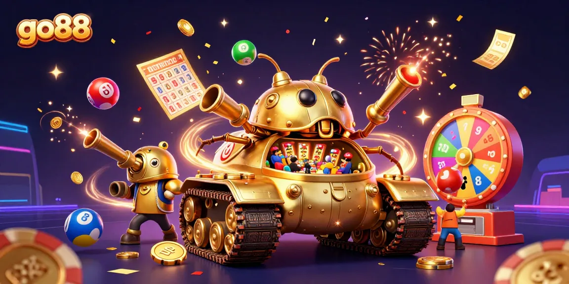 Experience thrilling gameplay at go88 with vibrant casino elements and a golden beetle tank illustration.