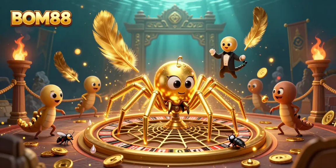 BOM88 players engage in thrilling bets as a golden spider spins a roulette wheel web in this vibrant scene.
