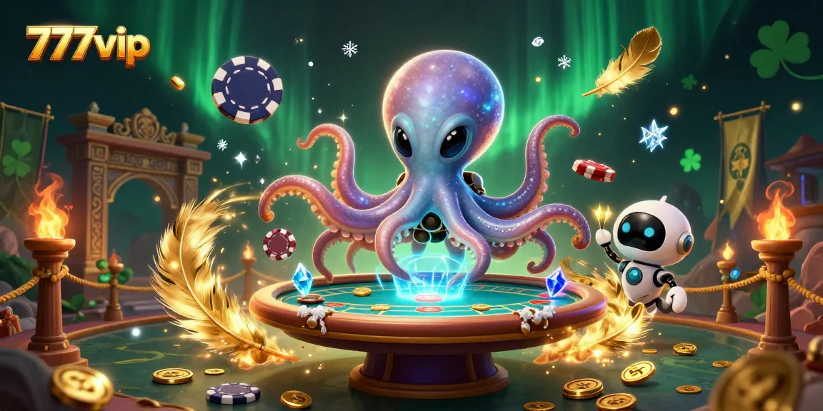 Experience thrilling poker action at 777vip with a futuristic alien octopus at a holographic table.