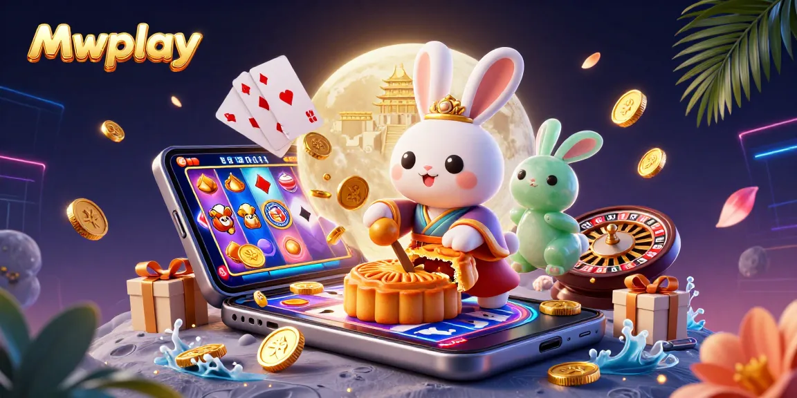 Experience thrilling gameplay at Mwplay with a vibrant 3D scene of a moon rabbit and slot games.