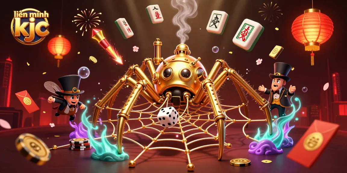 Engage with the exhilarating universe of liên minh kjc, featuring a whimsical steampunk spider and a fly gentleman amidst vibrant casino elements.