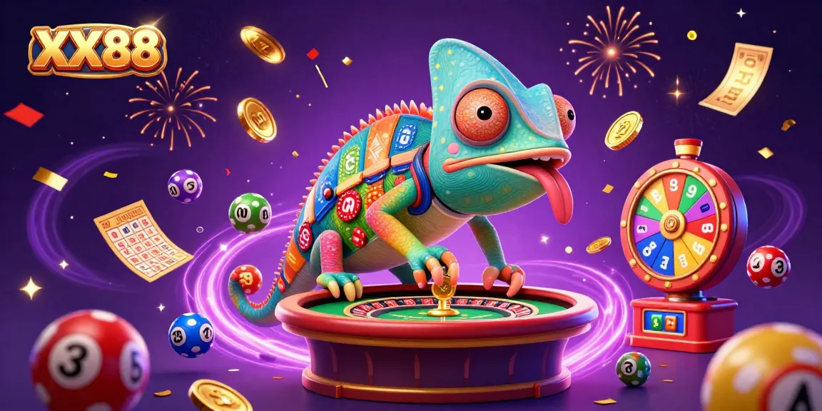 Play thrilling casino games at XX88 with a vibrant 3D chameleon owner catching golden coins.