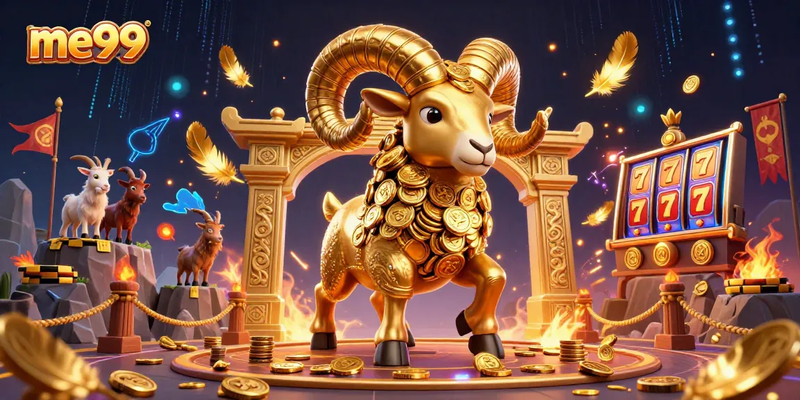Experience me99's thrilling casino action with golden ram charging through slot reels and dynamic game elements.