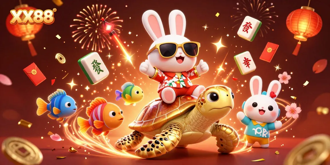 Join the fun at XX88 with a lucky rabbit and a golden turtle surrounded by festive gambling elements.
