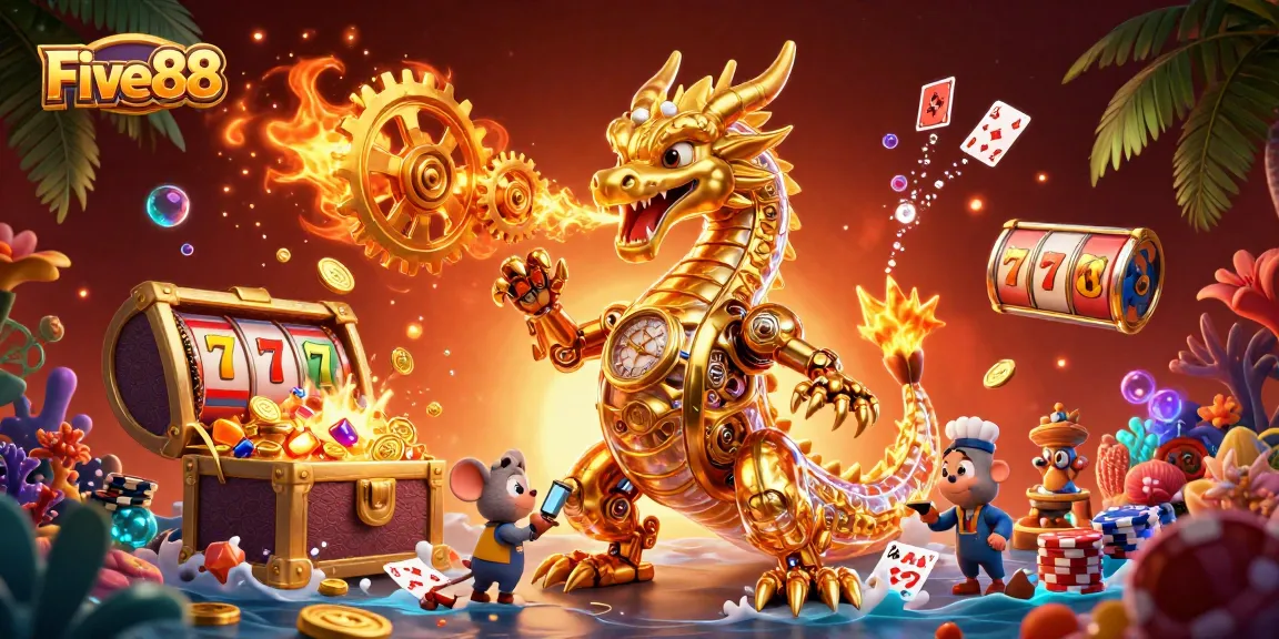 Experience vibrant gameplay at Five88 with dynamic casino elements and a golden dragon in action.