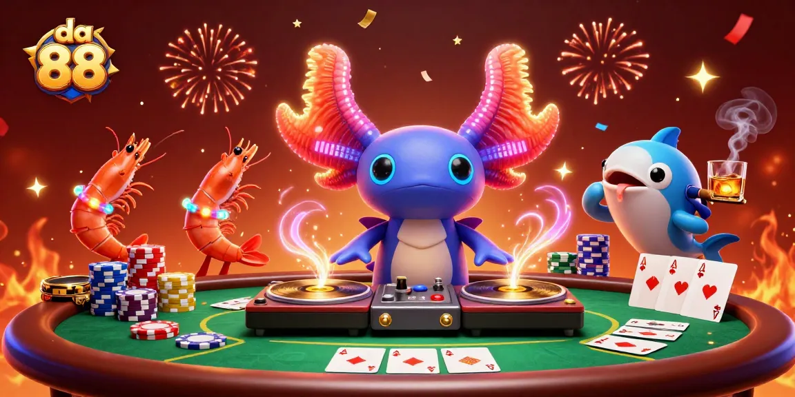 Engage with da 88 in a vibrant casino scene featuring the neon-colored axolotl DJ and poker elements