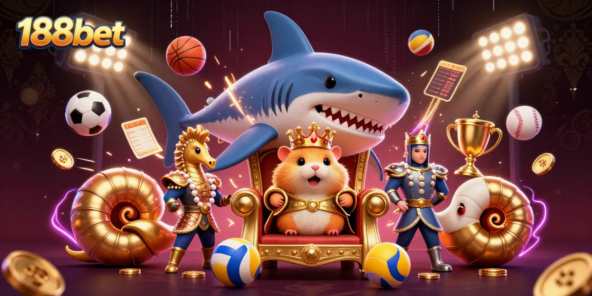 Experience the excitement of 188bet with a vibrant casino-themed illustration featuring a golden hamster king and dynamic sports elements.