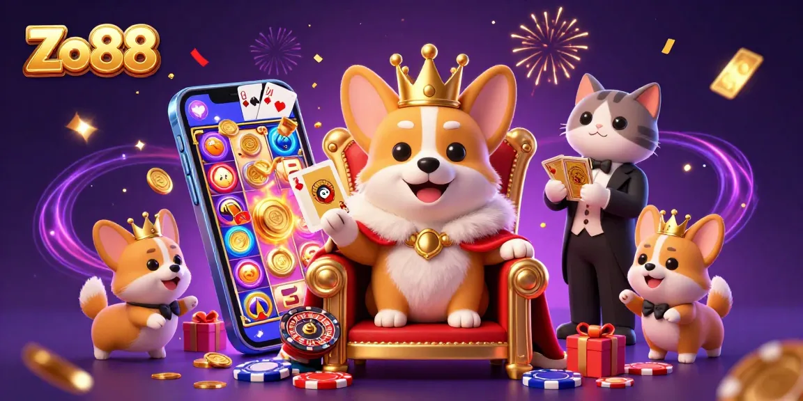 Play thrilling slots with Zo88 amidst a lavish 3D casino scene featuring royal corgis and vibrant game elements.