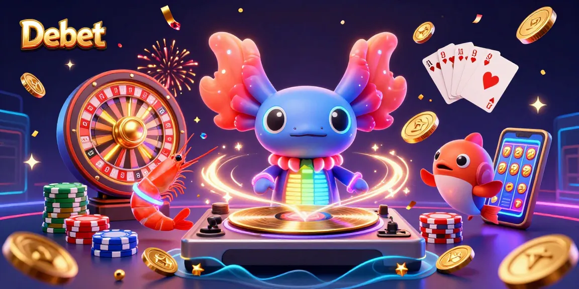 Experience the excitement of Debet with a vibrant casino scene featuring an axolotl DJ and dynamic game elements.