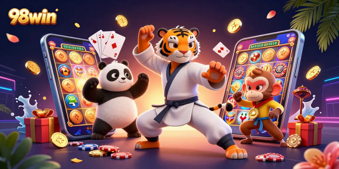 Experience 98win with vibrant slots and playful characters in a dynamic casino setting.