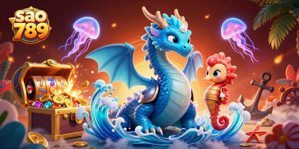 Sao 789 engages players with a dynamic 3D fantasy illustration filled with vibrant casino elements.