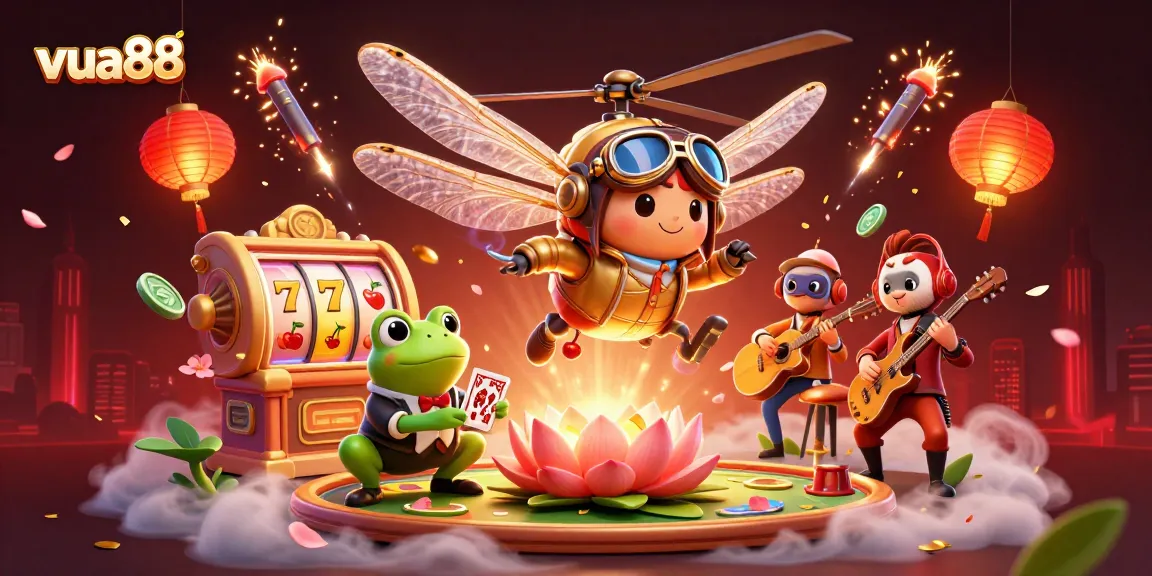 Experience thrilling gaming with vua88 at a vibrant lily pad casino with a dragonfly pilot and frog dealer.