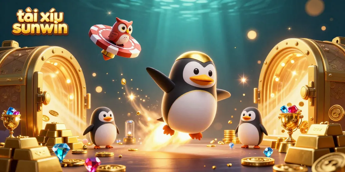 Experience tài xỉu sunwin excitement with a golden penguin and treasure in a vibrant casino scene.