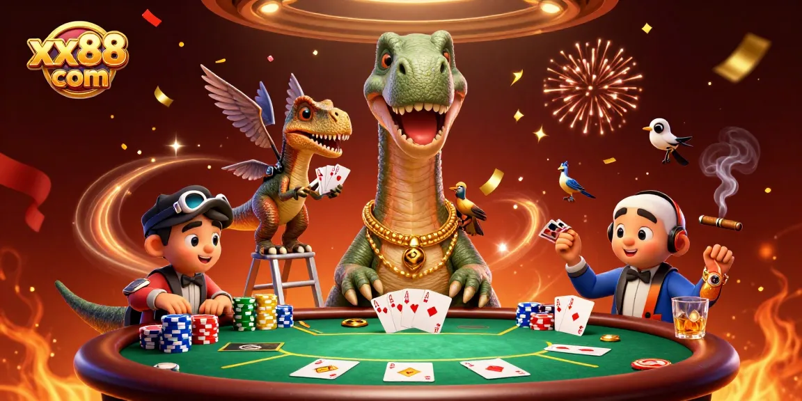 Engage in thrilling gameplay at xx88 com, featuring a giant dinosaur dealer and vibrant poker scene.
