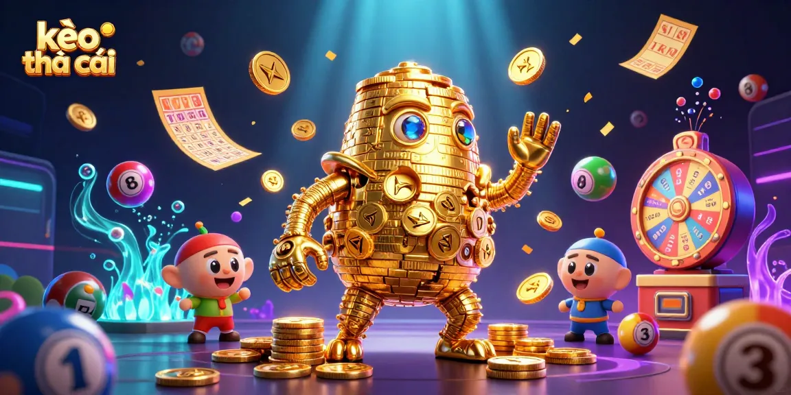 Engaging kèo nhà cái scene with a golden golem, colorful lottery balls, and dynamic game elements.