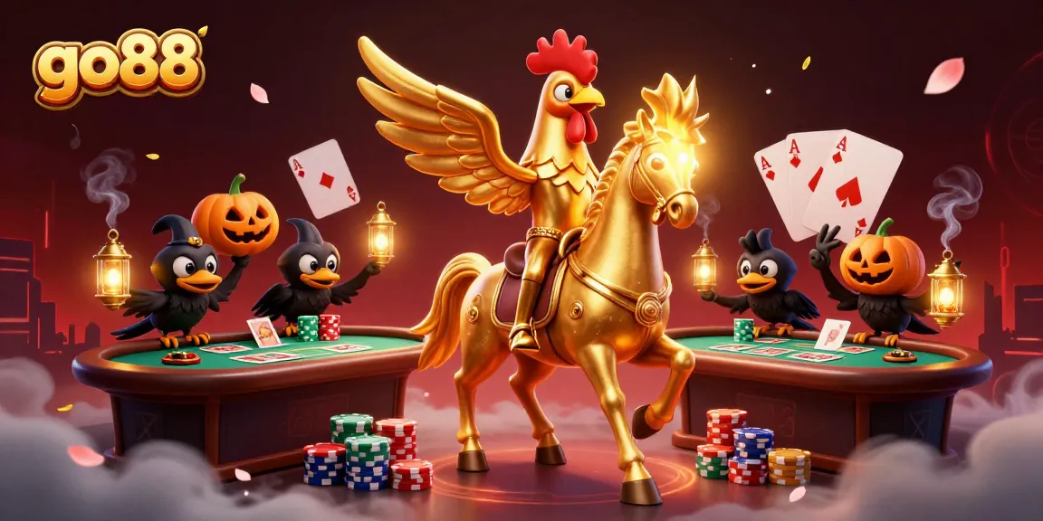 go88 casino cartoon scene depicting golden rooster, spectral horse and poker elements.