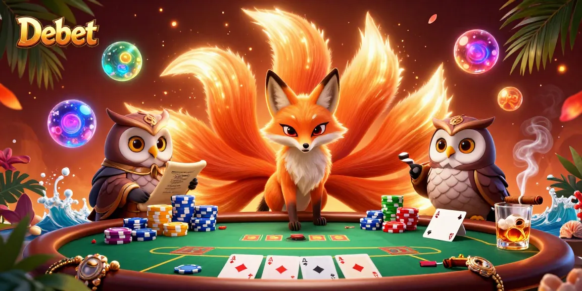 Participate in the vibrant Debet poker scene with a nine-tailed fox and an owl sage amidst colorful orbs.