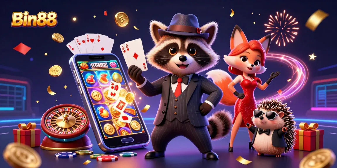 Engage with Bin88 in a colorful casino scene, showcasing excitement and casino games.